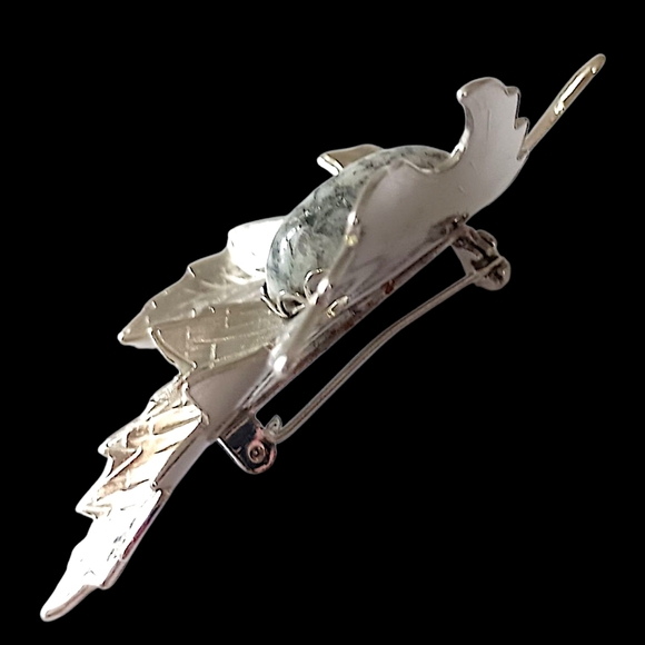 Vintage Maple Leaf Brooch Pin Jasper Cabochon Silver Tone Autumn Harvest‎ Fall - Picture 4 of 15